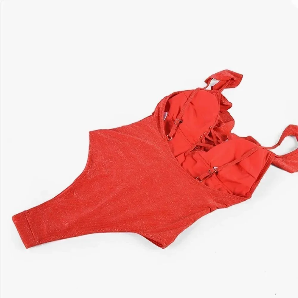 Deep V High Cut One Piece  Lace Up Swimsuit